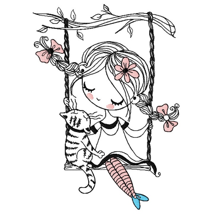Girl and cat on a swing embroidery design - Embroidery Design