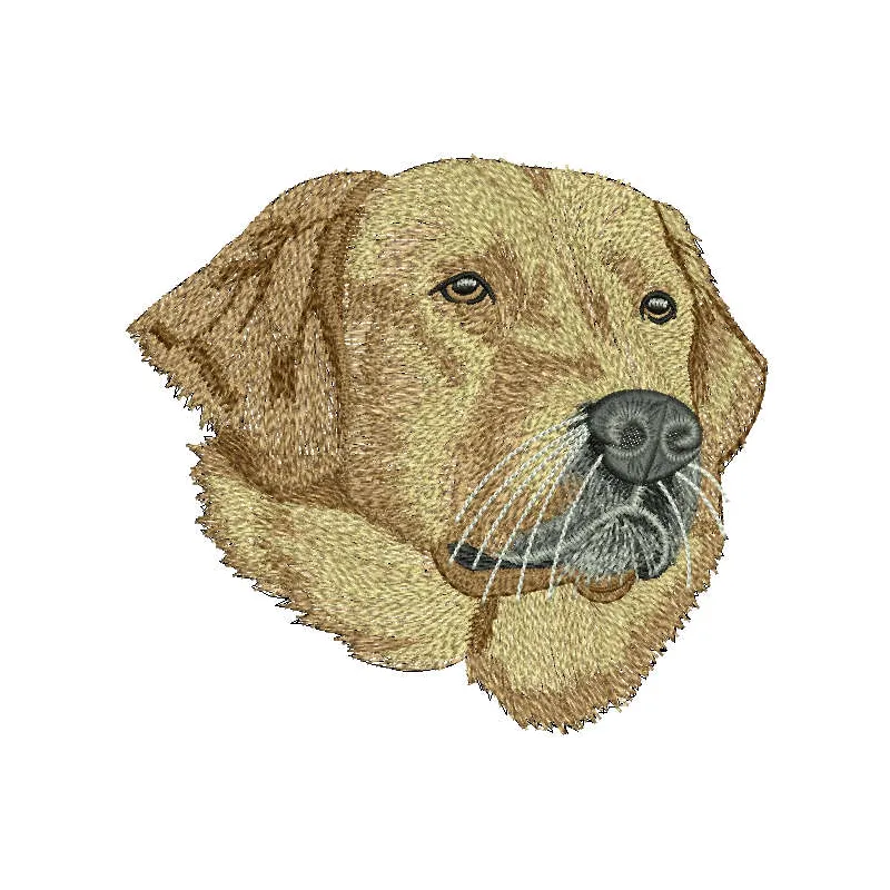 Golden retriever embroidery design preview showcasing a charming stitched motif of a playful dog.