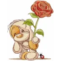 Embroidery design of a baby dog holding a rose, perfect for stitching on baby onesies or tote bags.