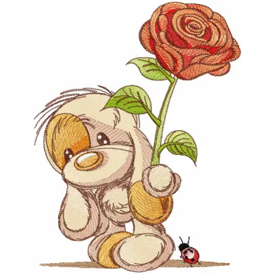 Embroidery design of a baby dog holding a rose, perfect for stitching on baby onesies or tote bags.