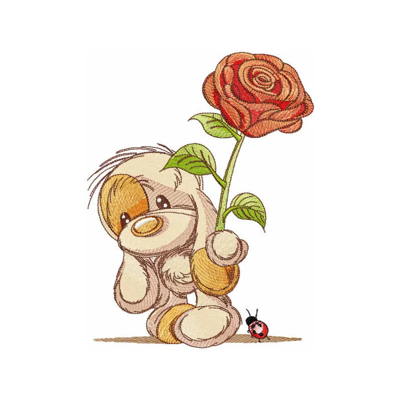 Embroidery design of a baby dog holding a rose, perfect for stitching on baby onesies or tote bags.