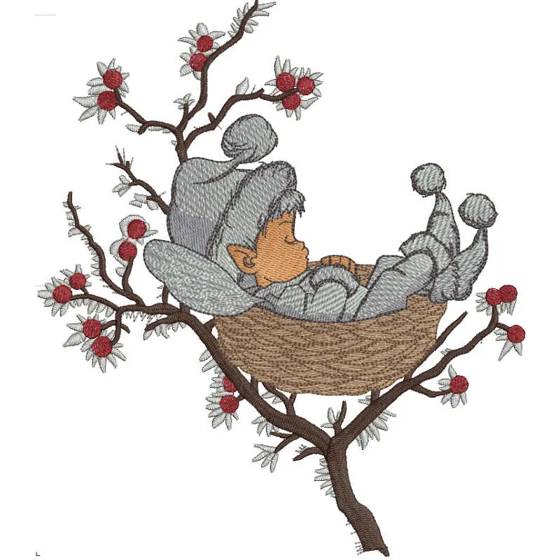 Sleeping winter elf embroidery design showcasing a whimsical elf nestled in a cozy winter scene.