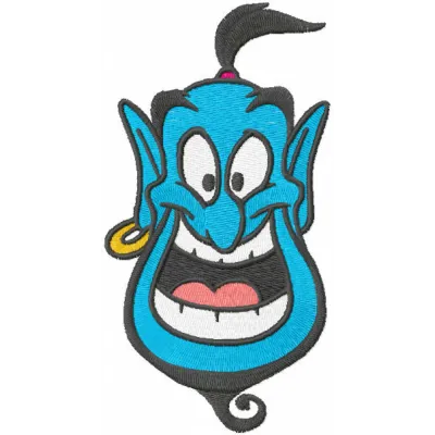 Smiling Genie embroidery design showcasing a whimsical character inspired by Aladdin, perfect for creative projects.