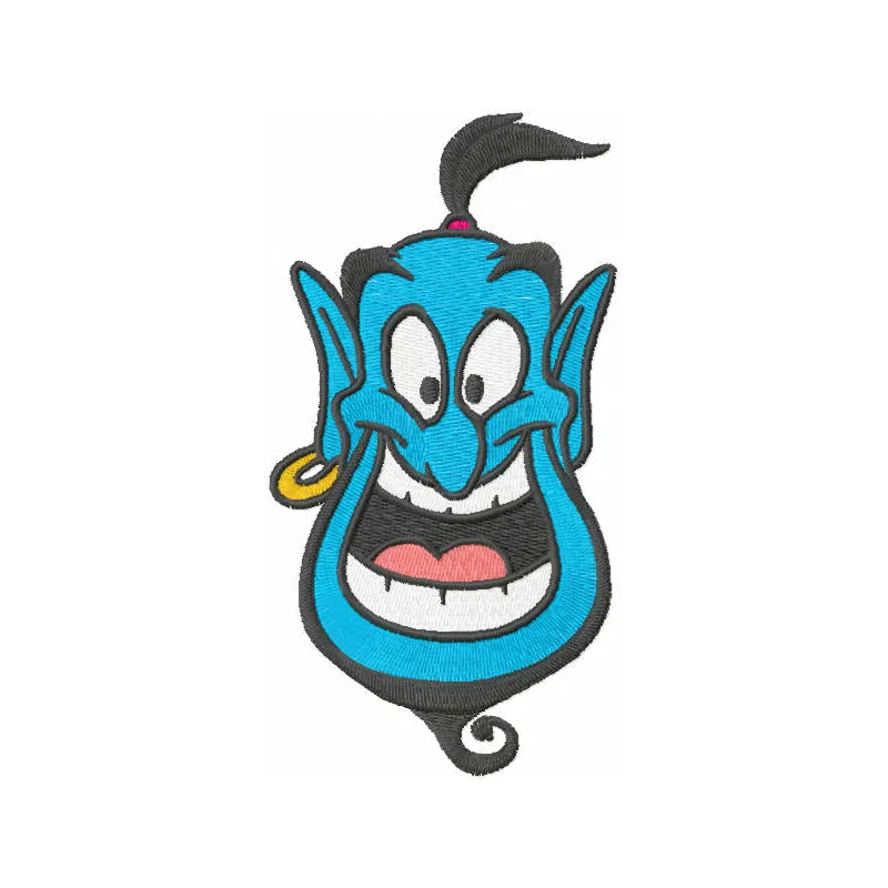 Smiling Genie embroidery design showcasing a whimsical character inspired by Aladdin, perfect for creative projects.