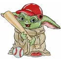 Yoda baseball player embroidery design featuring a whimsical depiction of the beloved character in a baseball uniform.