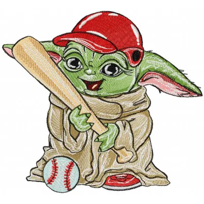 Yoda baseball player embroidery design featuring a whimsical depiction of the beloved character in a baseball uniform.