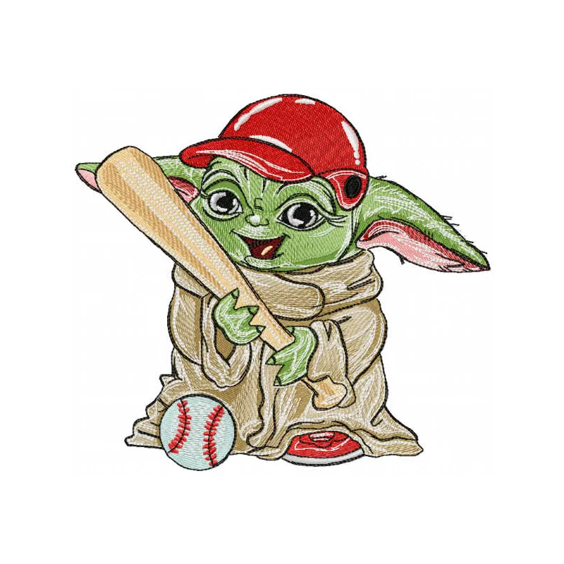 Yoda baseball player embroidery design featuring a whimsical depiction of the beloved character in a baseball uniform.