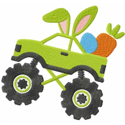 Easter Monster Truck embroidery design featuring playful elements for festive stitching projects.