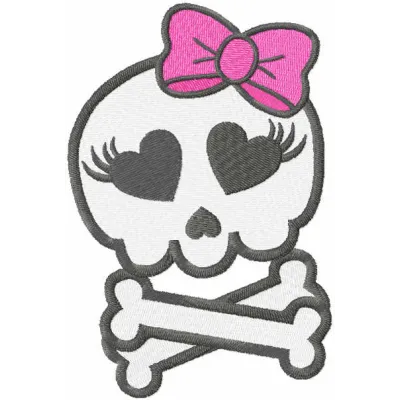 Preview of a pretty monster skull embroidery design featuring whimsical elements, perfect for unique stitching projects.