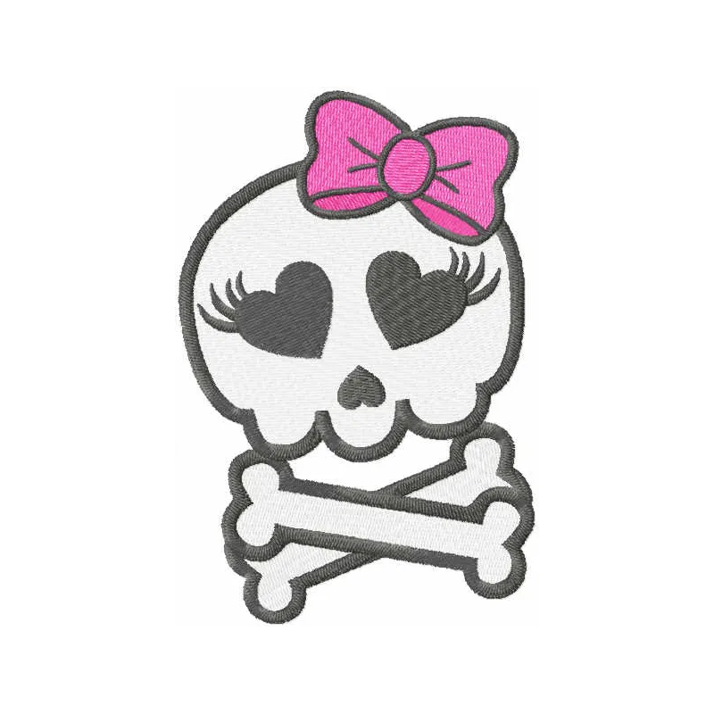 Preview of a pretty monster skull embroidery design featuring whimsical elements, perfect for unique stitching projects.