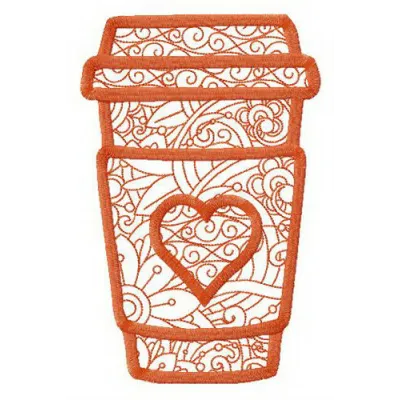 Preview of a coffee to go cup embroidery design showcasing a whimsical coffee cup motif for stitching projects.