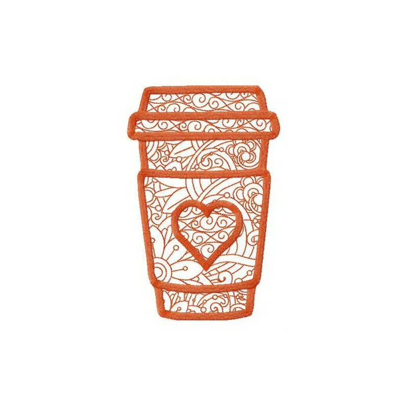 Preview of a coffee to go cup embroidery design showcasing a whimsical coffee cup motif for stitching projects.