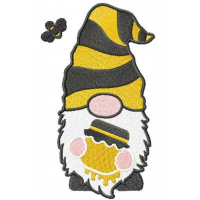 Honey gnome embroidery design featuring a whimsical gnome surrounded by honey elements, perfect for creative stitching.
