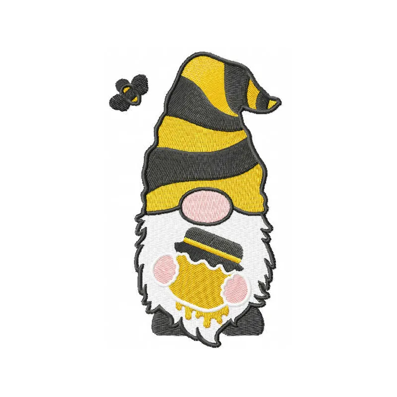 Honey gnome embroidery design featuring a whimsical gnome surrounded by honey elements, perfect for creative stitching.