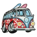 Aloha van embroidery design showcasing a colorful vintage van, perfect for stitching on t-shirts and tote bags.