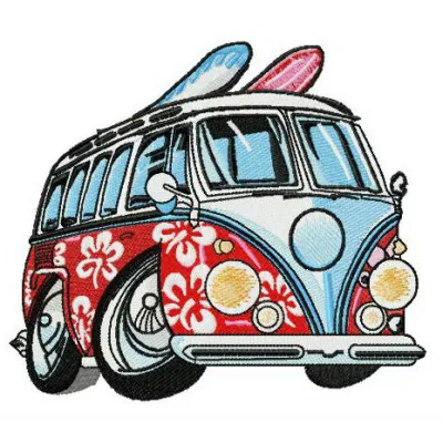 Aloha van embroidery design showcasing a colorful vintage van, perfect for stitching on t-shirts and tote bags.