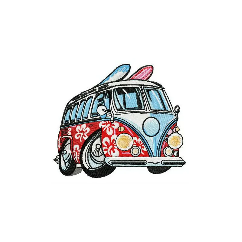 Aloha van embroidery design showcasing a colorful vintage van, perfect for stitching on t-shirts and tote bags.