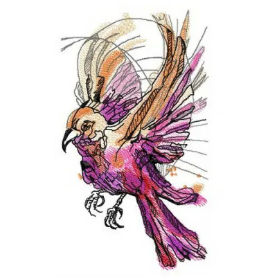 Vibrant pink firebird embroidery design showcasing intricate stitching details, ideal for various fabric projects.