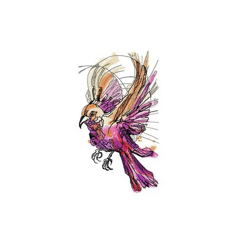 Vibrant pink firebird embroidery design showcasing intricate stitching details, ideal for various fabric projects.