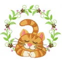 Embroidery design of a sleeping cat adorned with a delicate flower wreath, perfect for animal lovers.