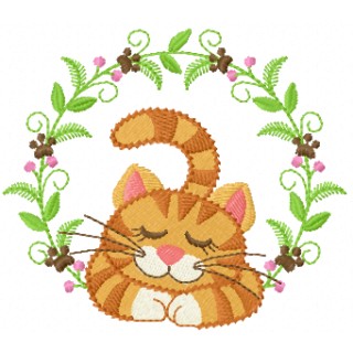 Sleeping cat with flower wreath embroidery design - Embroidery Design