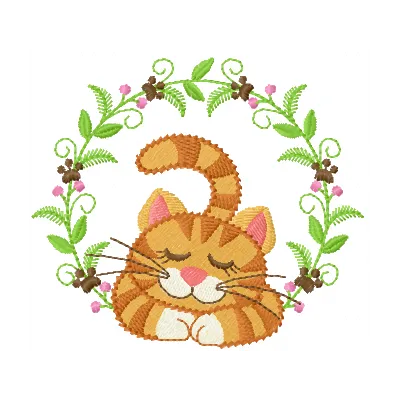 Embroidery design of a sleeping cat adorned with a delicate flower wreath, perfect for animal lovers.