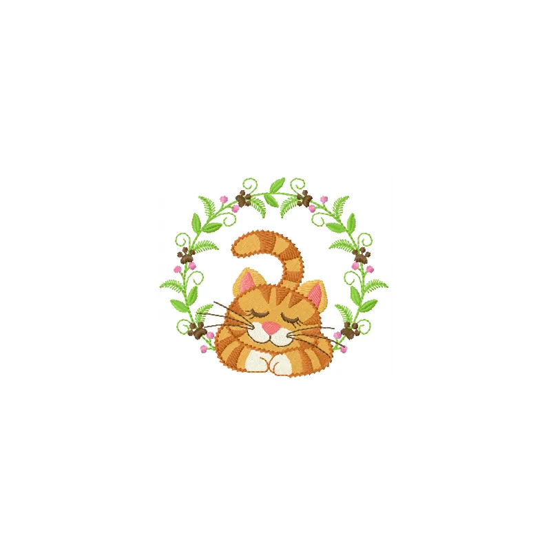Embroidery design of a sleeping cat adorned with a delicate flower wreath, perfect for animal lovers.