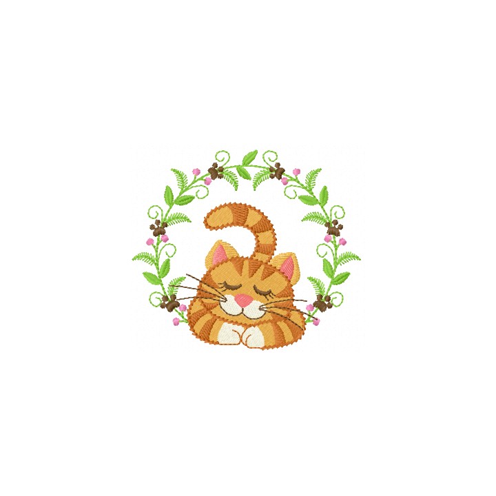 Sleeping cat with flower wreath embroidery design - Embroidery Design