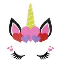 Unicorn in love embroidery design featuring a whimsical unicorn surrounded by hearts and floral elements.