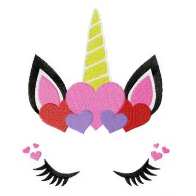 Unicorn in love embroidery design featuring a whimsical unicorn surrounded by hearts and floral elements.
