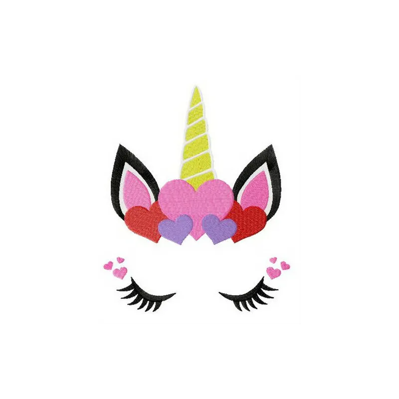 Unicorn in love embroidery design featuring a whimsical unicorn surrounded by hearts and floral elements.