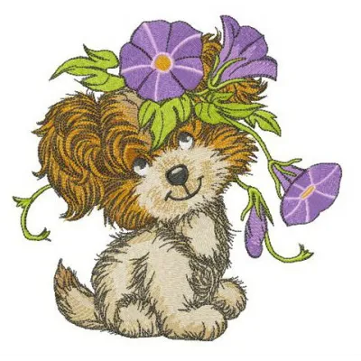 Embroidery design featuring a puppy entwined with slender bindweed, showcasing intricate stitching patterns.