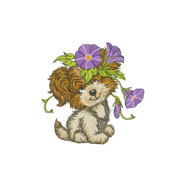 Embroidery design featuring a puppy entwined with slender bindweed, showcasing intricate stitching patterns.