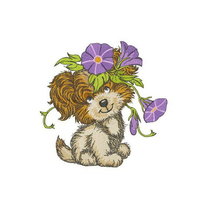 Puppy with Slender bindweed embroidery design - Embroidery Design