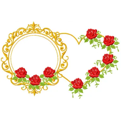Gold frame and heart embroidery design featuring floral elements, ideal for embellishing apparel and home decor.