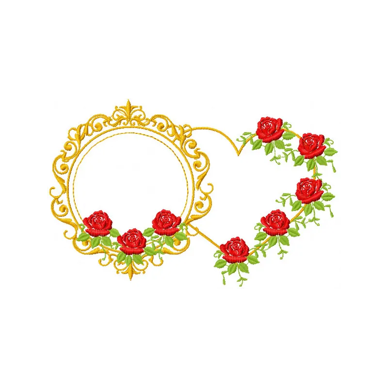Gold frame and heart embroidery design featuring floral elements, ideal for embellishing apparel and home decor.