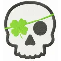 Skull with clover eye patch embroidery design showcasing a unique stitched motif for creative projects.