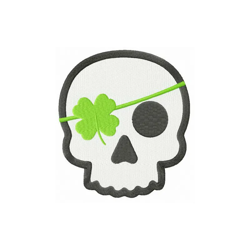 Skull with clover eye patch embroidery design showcasing a unique stitched motif for creative projects.