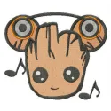 Groot the music lover embroidery design showcasing a whimsical stitched motif perfect for t-shirts and hoodies.