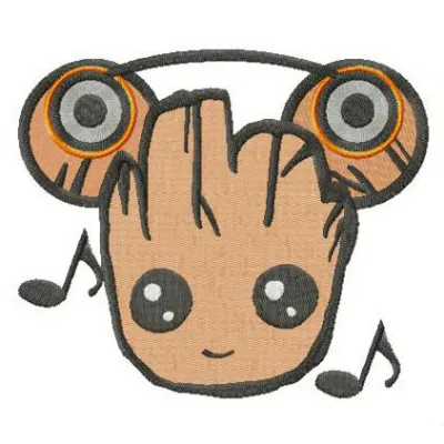 Groot the music lover embroidery design showcasing a whimsical stitched motif perfect for t-shirts and hoodies.