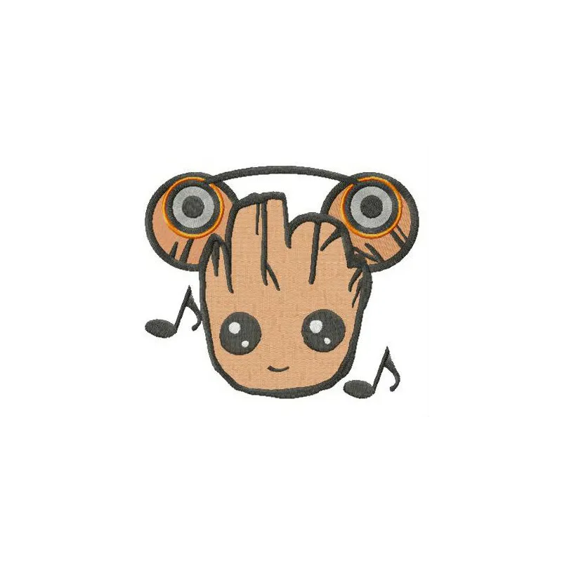 Groot the music lover embroidery design showcasing a whimsical stitched motif perfect for t-shirts and hoodies.