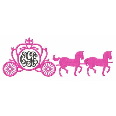 Carriage with horses embroidery design featuring a whimsical Cinderella theme for enchanting stitching projects.