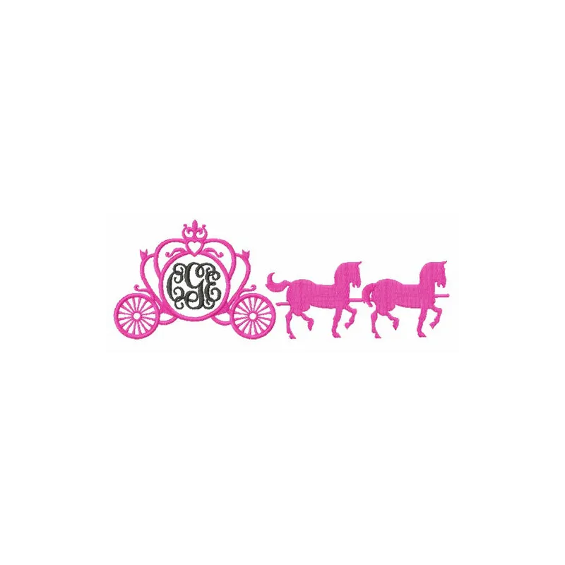 Carriage with horses embroidery design featuring a whimsical Cinderella theme for enchanting stitching projects.