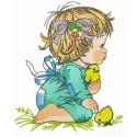 Embroidery design featuring a girl with chicks, perfect for stitching on t-shirts, tote bags, or baby onesies.