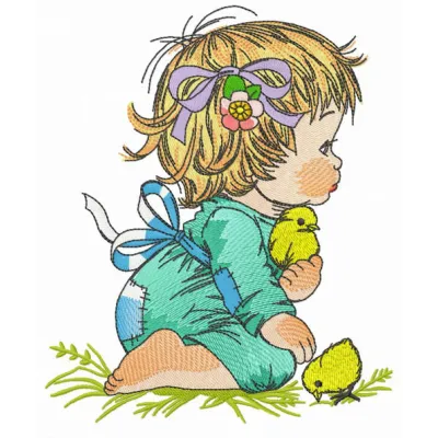 Embroidery design featuring a girl with chicks, perfect for stitching on t-shirts, tote bags, or baby onesies.