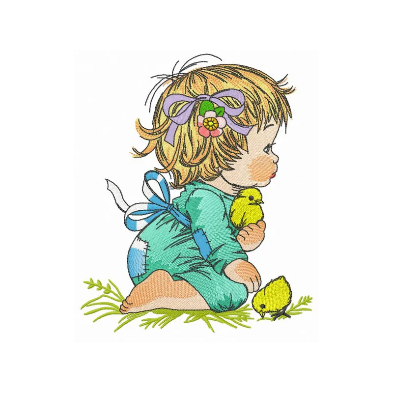 Embroidery design featuring a girl with chicks, perfect for stitching on t-shirts, tote bags, or baby onesies.