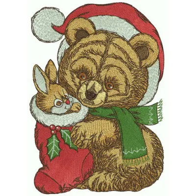 Retro teddy bear wearing a Santa hat embroidery design, perfect for festive holiday stitching projects.