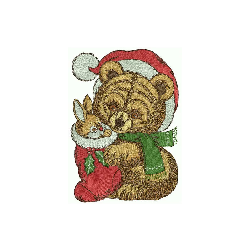 Retro teddy bear wearing a Santa hat embroidery design, perfect for festive holiday stitching projects.