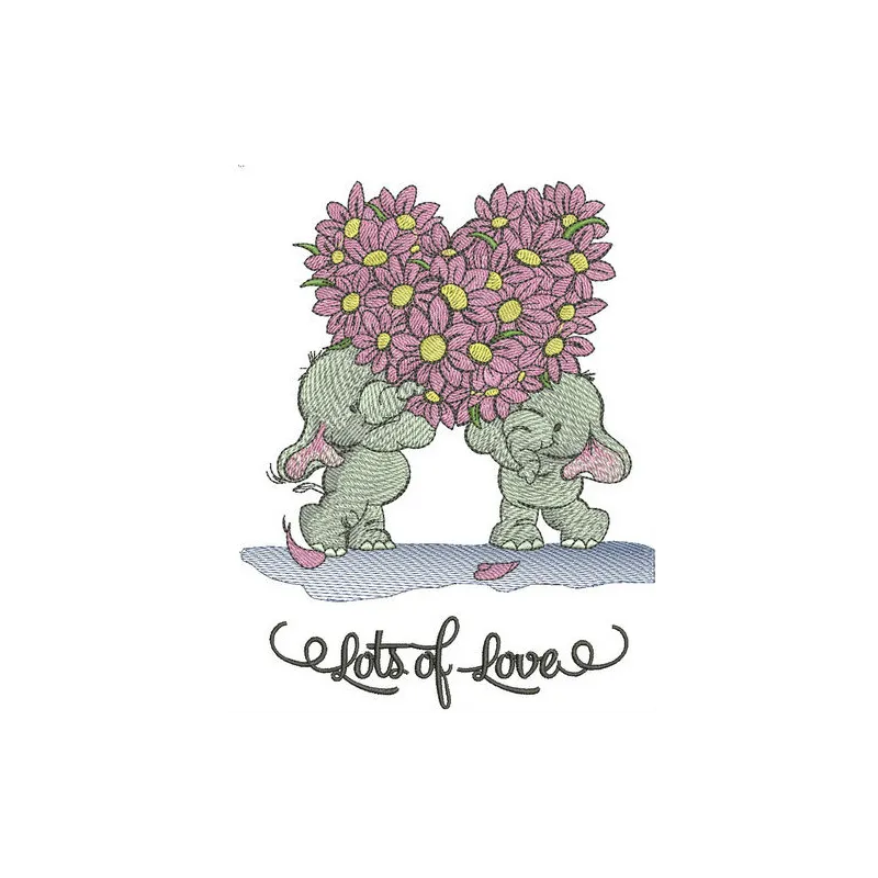 Preview of the Elephants Lot's of Love embroidery design, featuring adorable elephants and hearts for whimsical stitching.
