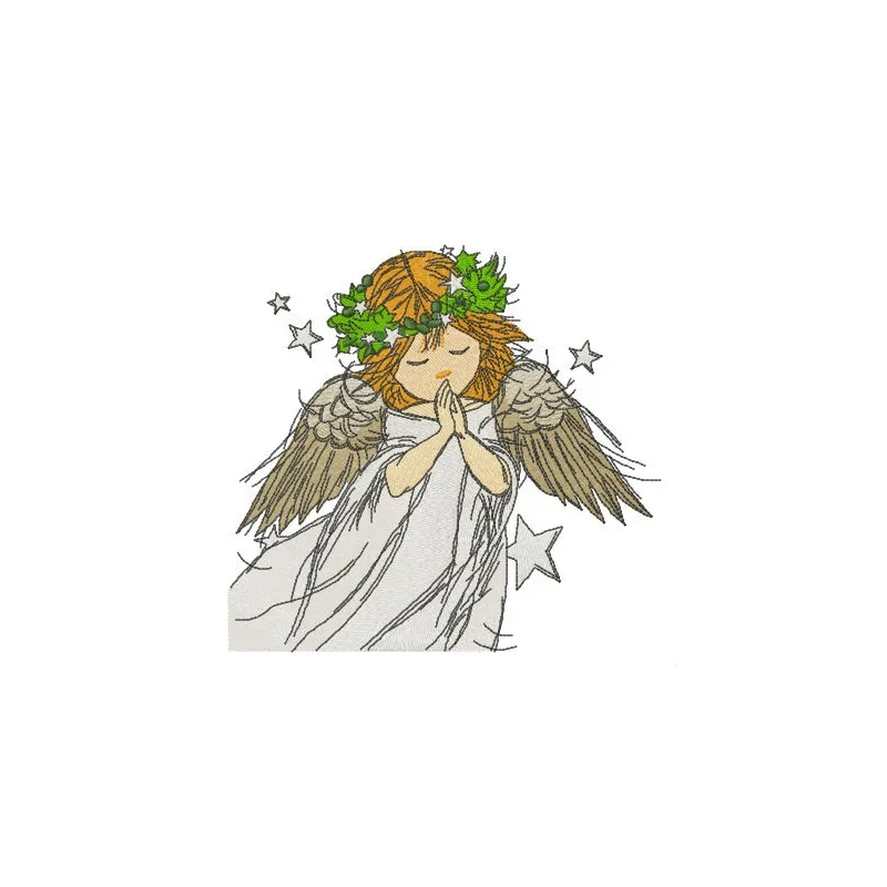 Praying angel embroidery design showcasing intricate details, ideal for stitching on towels or baby onesies.